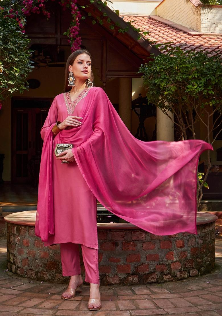 Pink Embroidered Rayon Salwar Kameez With Dupatta