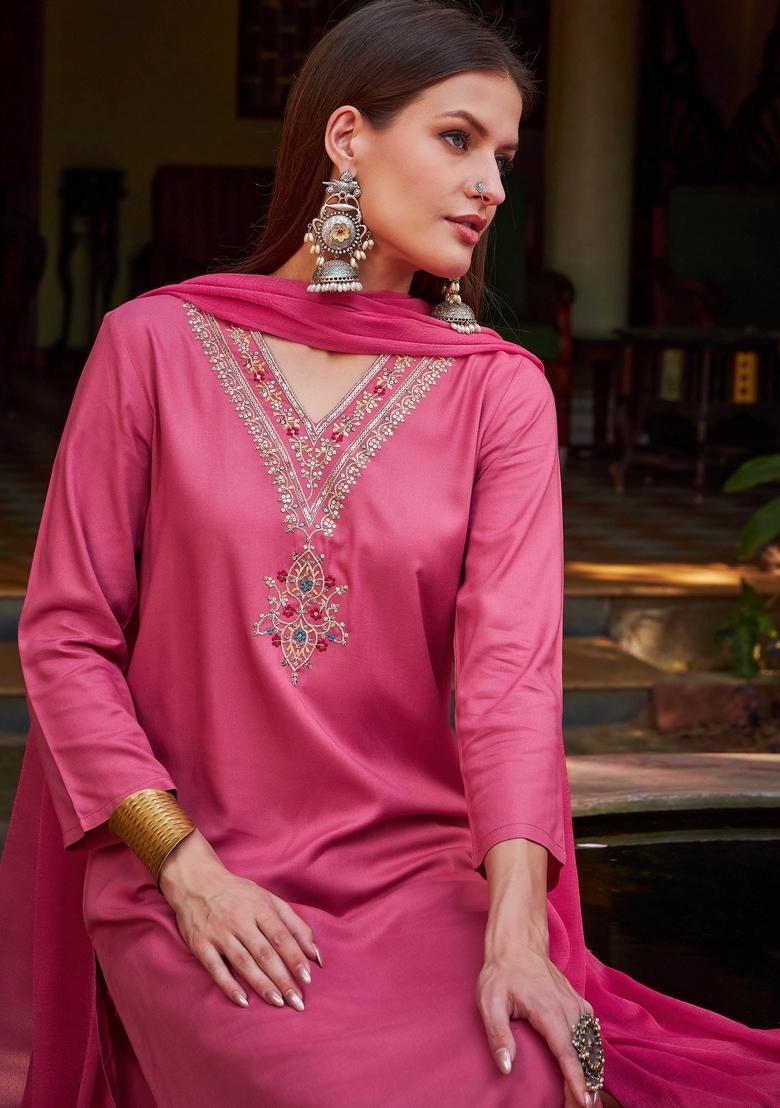 Pink Embroidered Rayon Salwar Kameez With Dupatta