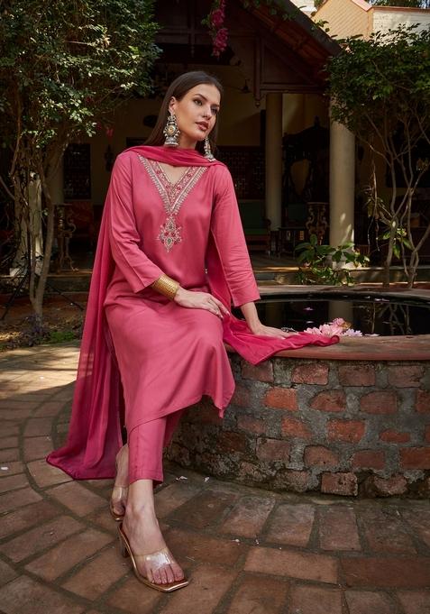 Pink Embroidered Rayon Salwar Kameez With Dupatta — view on Indya