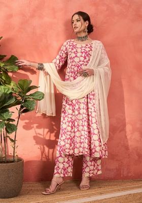Pink Embroidered Rayon Anarkali Set With Dupatta