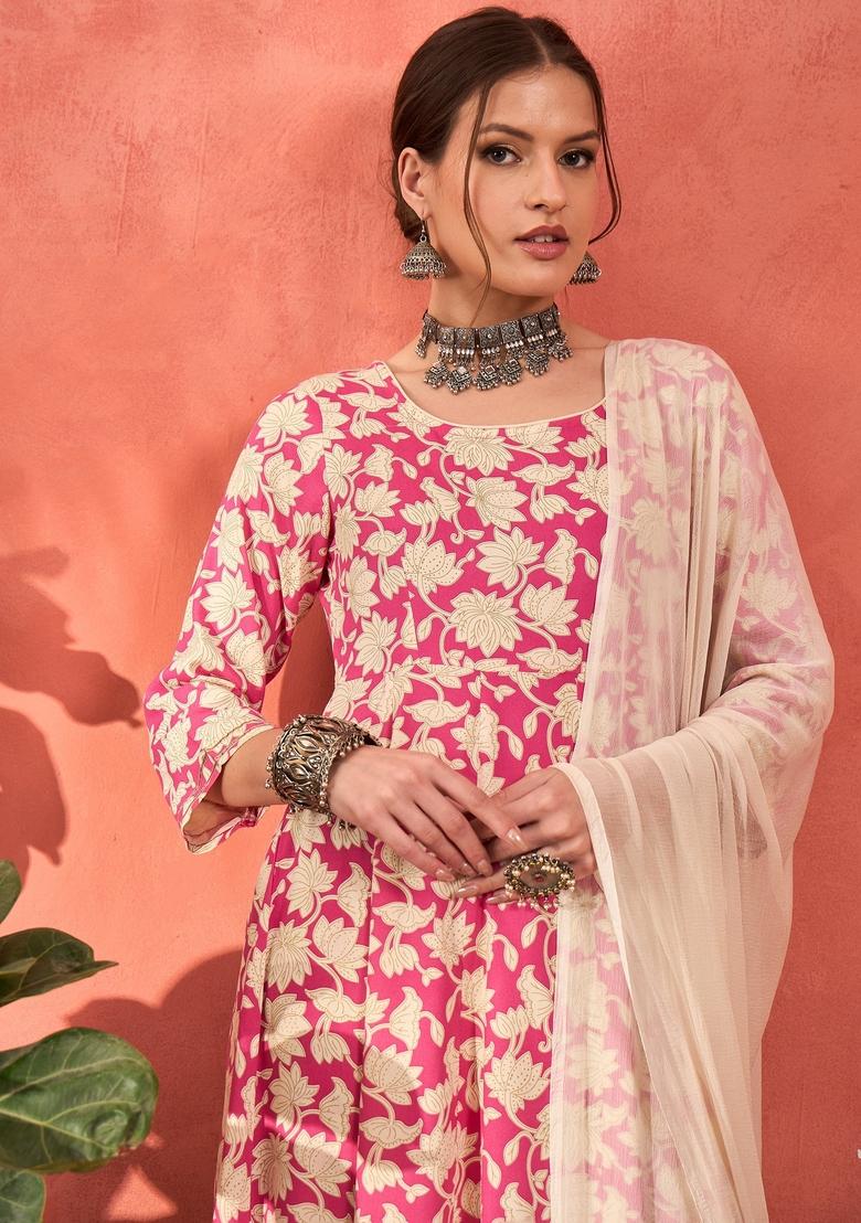 Pink Embroidered Rayon Anarkali Set With Dupatta