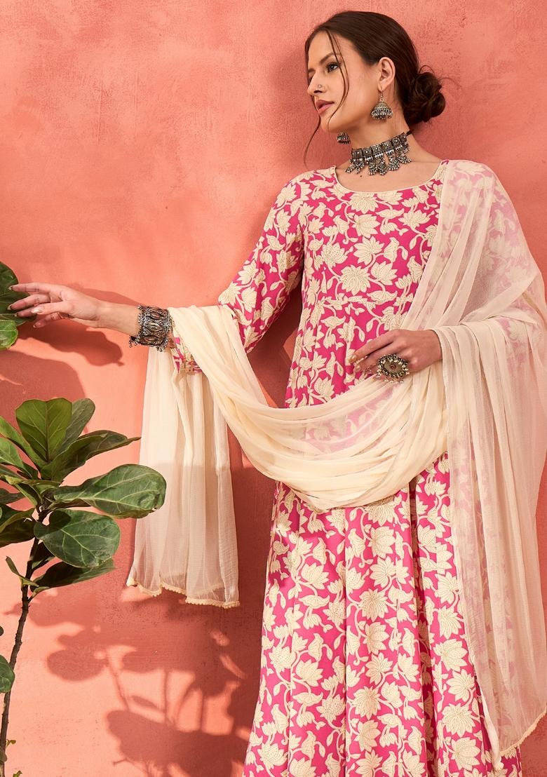 Pink Embroidered Rayon Anarkali Set With Dupatta