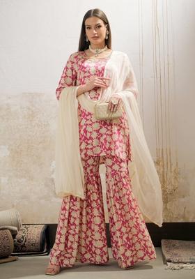 Pink Embroidered Rayon Sharara Set With Dupatta