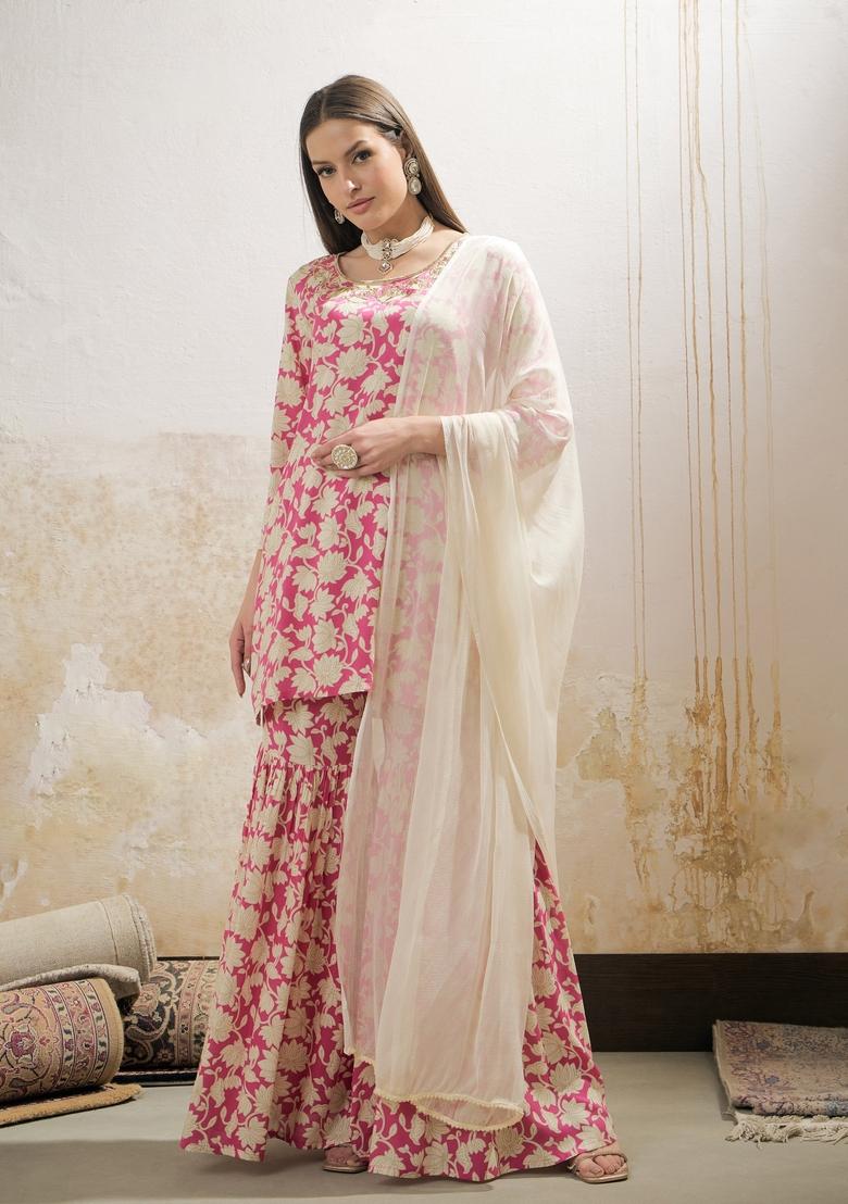 Pink Embroidered Rayon Sharara Set With Dupatta