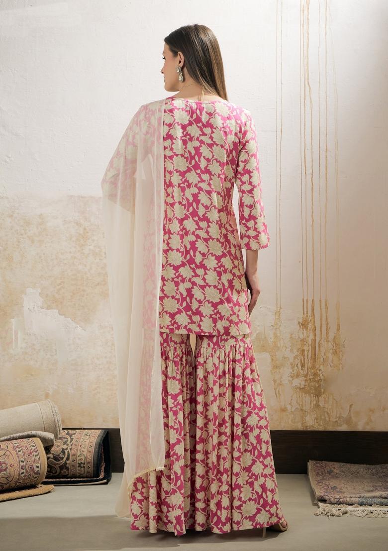Pink Embroidered Rayon Sharara Set With Dupatta