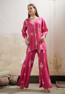 Pink Embroidered Rayon Co Ord Set