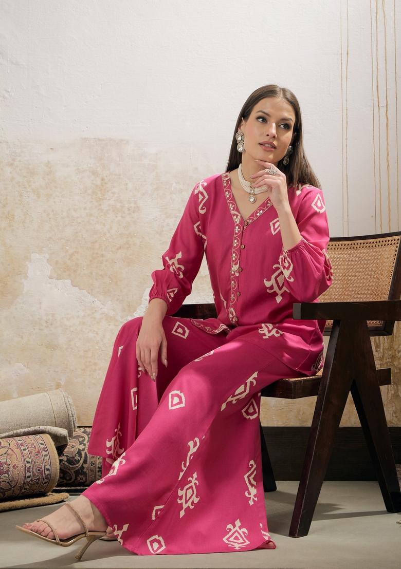 Pink Embroidered Rayon Co Ord Set