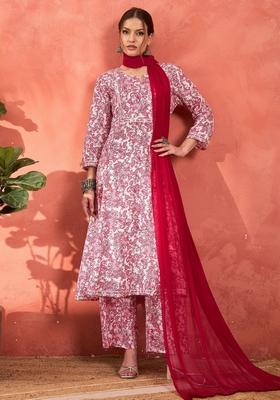 Pink Embroidered Cotton Cambric Salwar Kameez With Dupatta