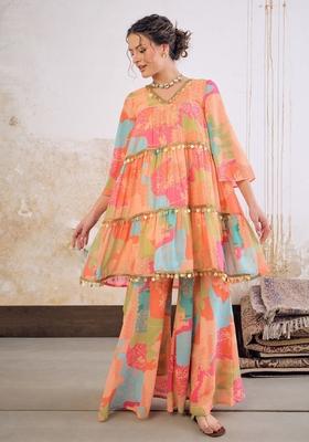 Orange Embroidered Georgette Co Ord Set