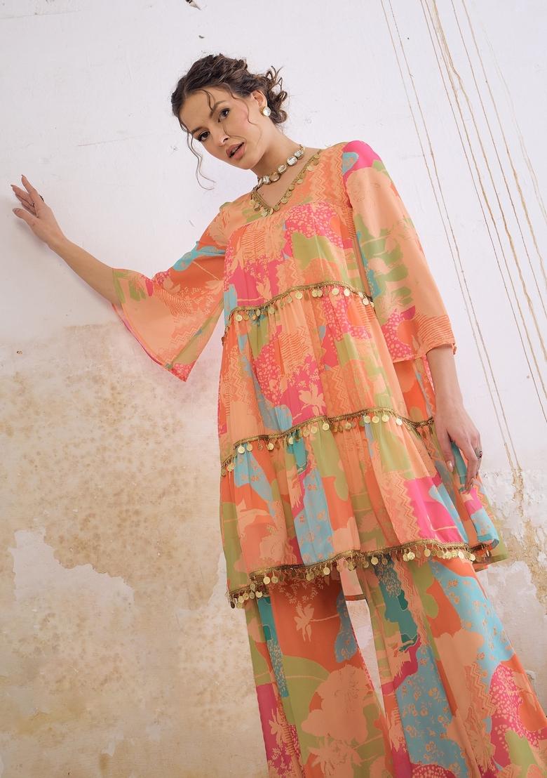 Orange Embroidered Georgette Co Ord Set