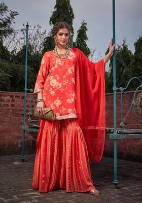 Orange Embroidered Georgette Sharara Set With Dupatta