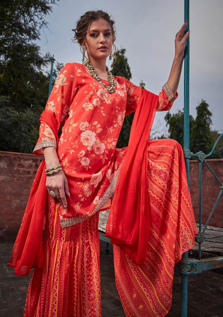 Orange Embroidered Georgette Sharara Set With Dupatta