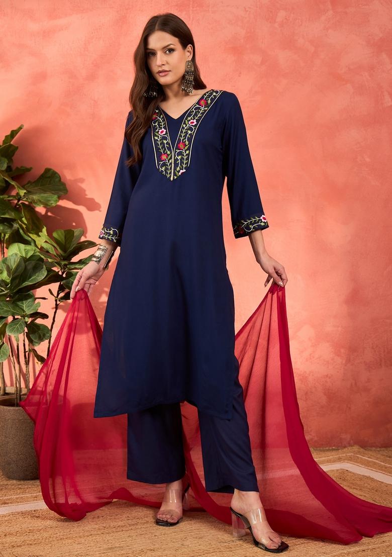 Navy Blue Embroidered Rayon Salwar Kameez With Dupatta