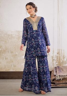 Navy Blue Embroidered Georgette Co Ord Set