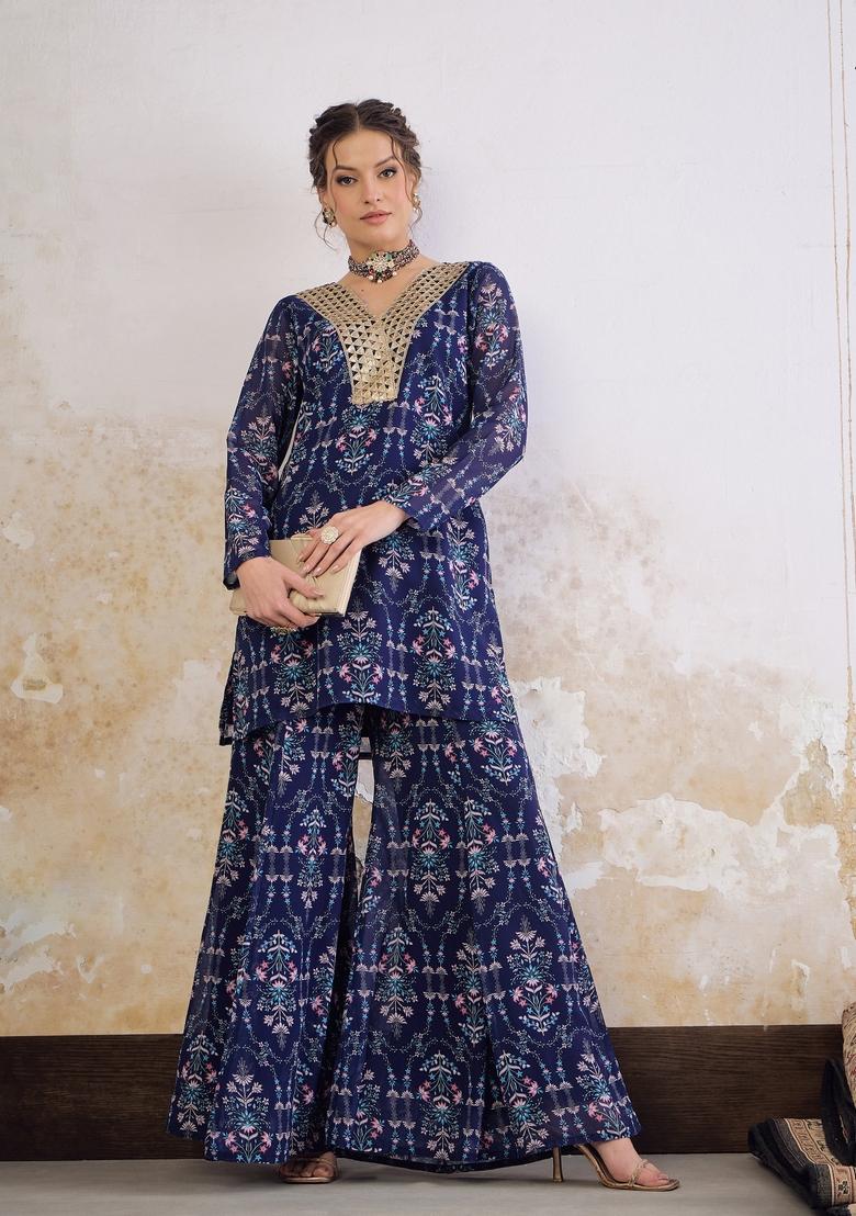 Navy Blue Embroidered Georgette Co Ord Set