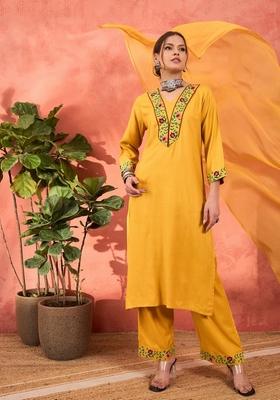 Mustard Yellow Embroidered Rayon Salwar Kameez With Dupatta