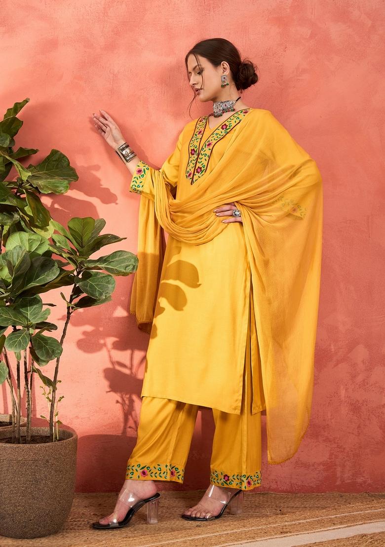 Mustard Yellow Embroidered Rayon Salwar Kameez With Dupatta
