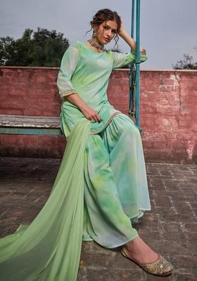 Green Embroidered Georgette Sharara Set With Dupatta