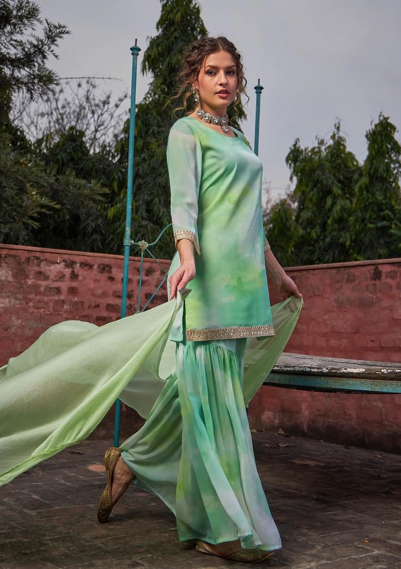 Green Embroidered Georgette Sharara Set With Dupatta
