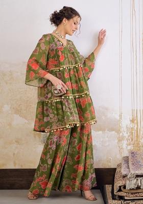 Green Embroidered Georgette Co Ord Set