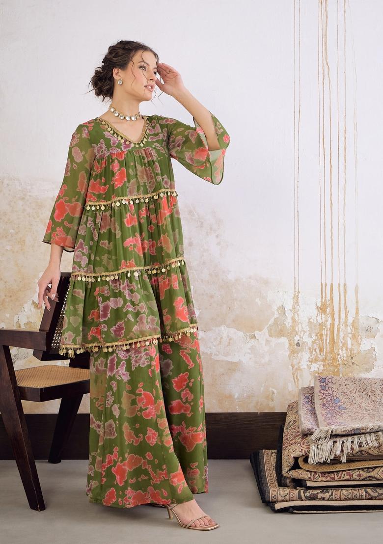 Green Embroidered Georgette Co Ord Set