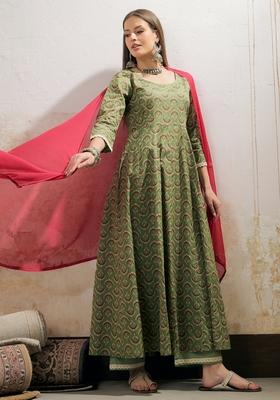 Green Embroidered Cotton Cambric Anarkali Set With Dupatta