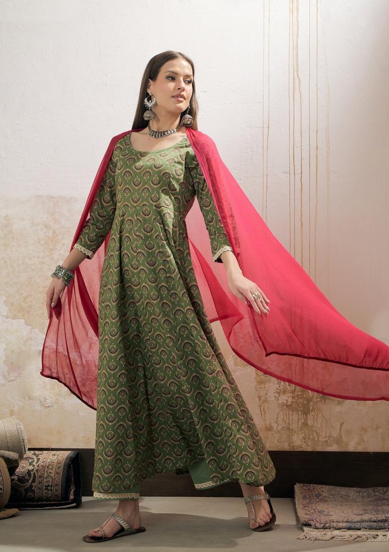 Green Embroidered Cotton Cambric Anarkali Set With Dupatta
