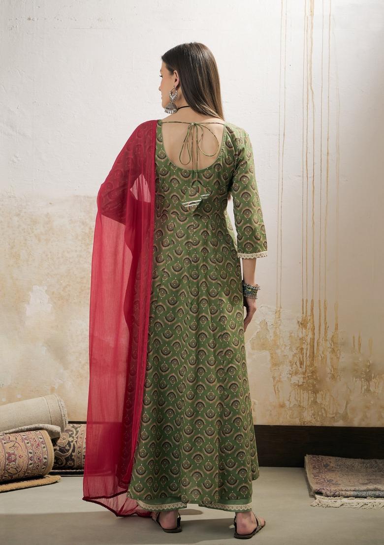 Green Embroidered Cotton Cambric Anarkali Set With Dupatta