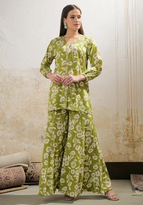 Green Embroidered Rayon Co Ord Set