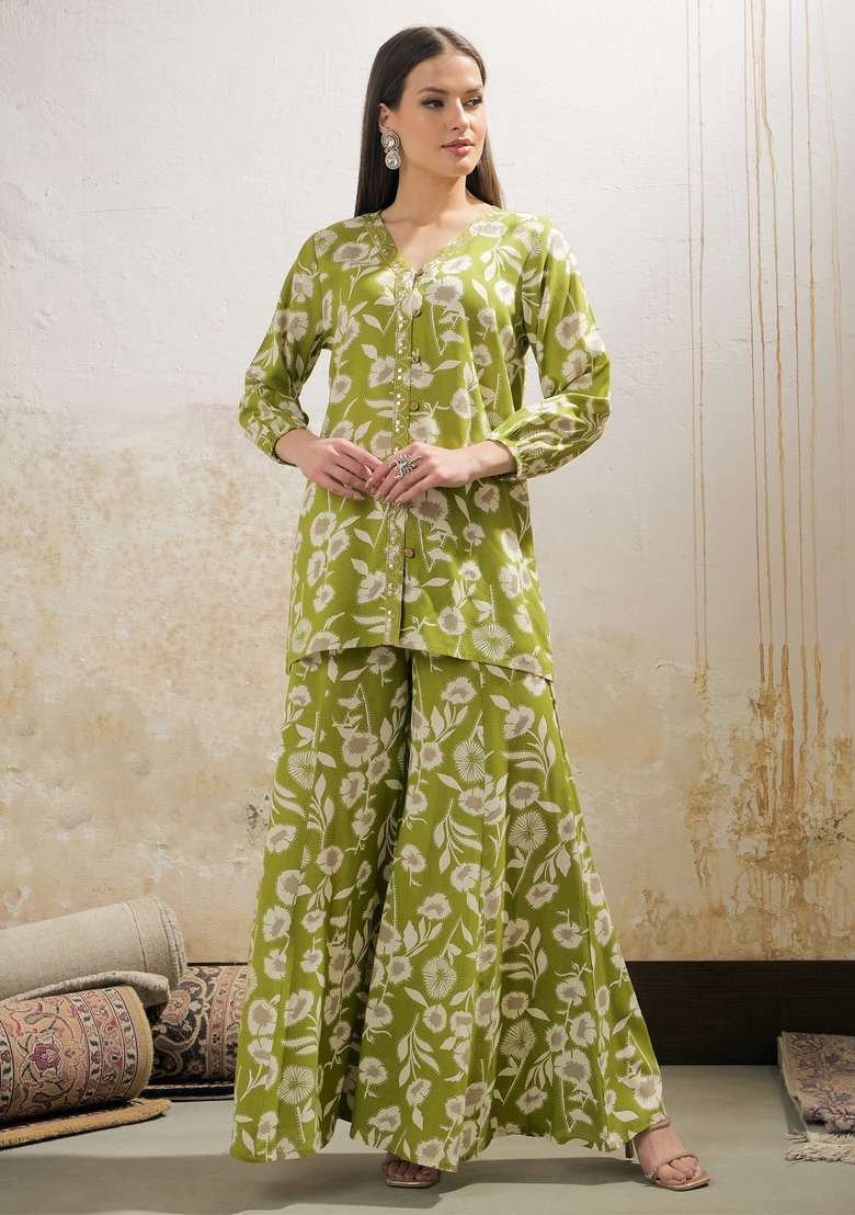 Green Embroidered Rayon Co Ord Set - Indya