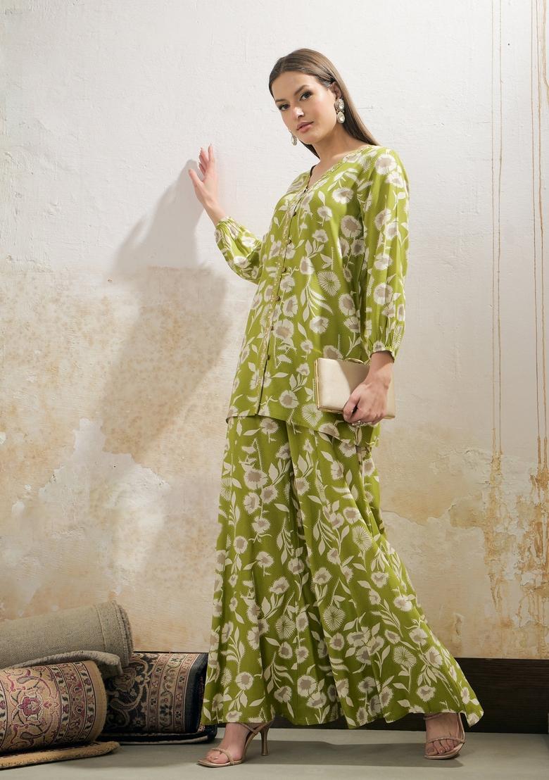 Green Embroidered Rayon Co Ord Set