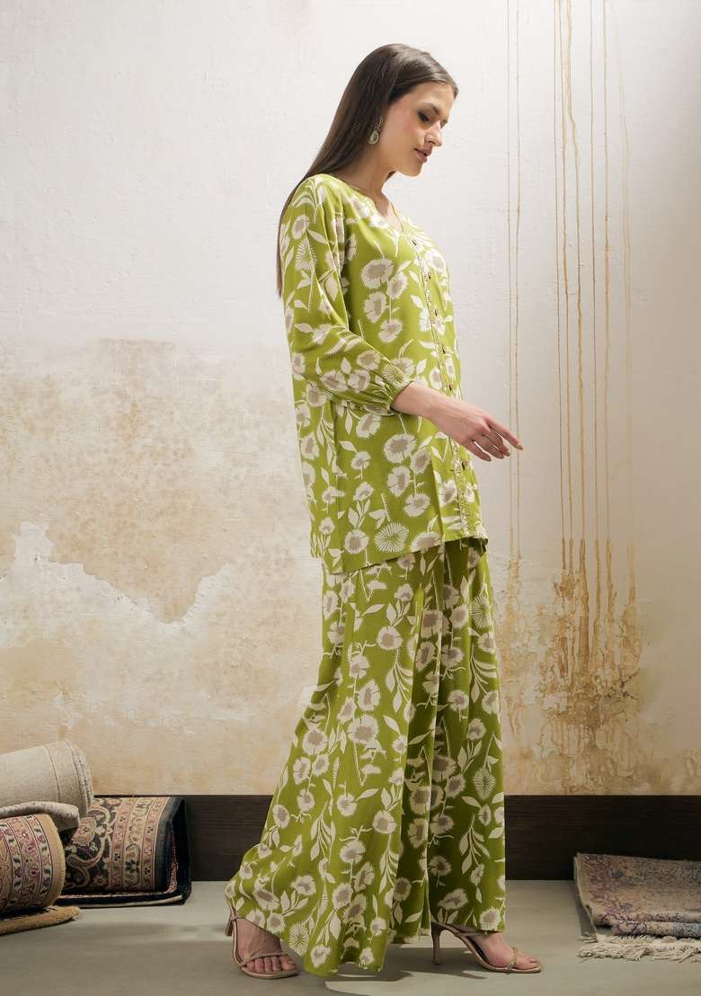 Green Embroidered Rayon Co Ord Set - Indya