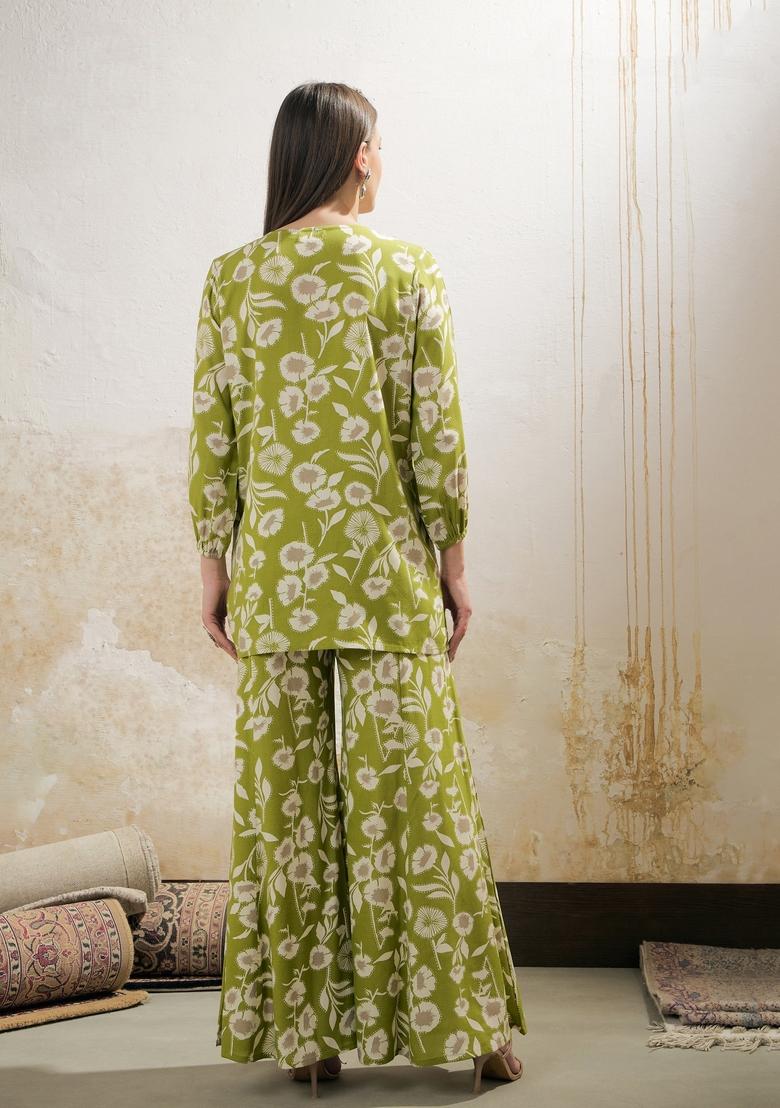 Green Embroidered Rayon Co Ord Set