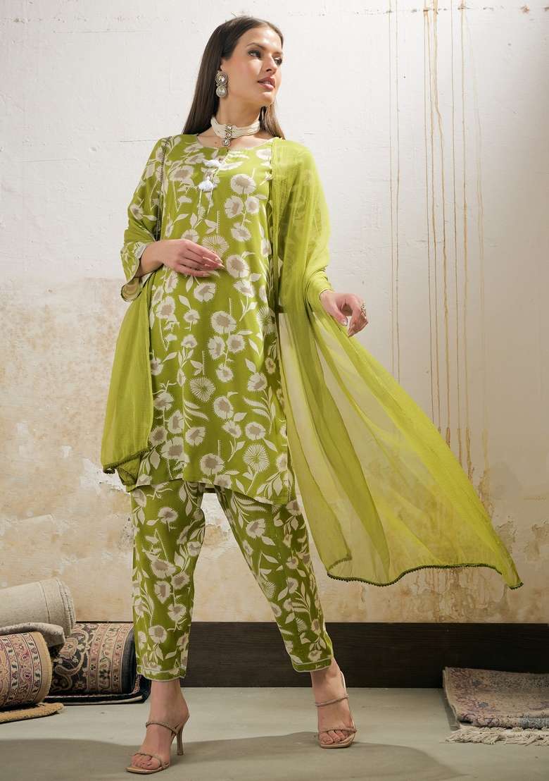 Green Embroidered Rayon Co Ord Set - Indya