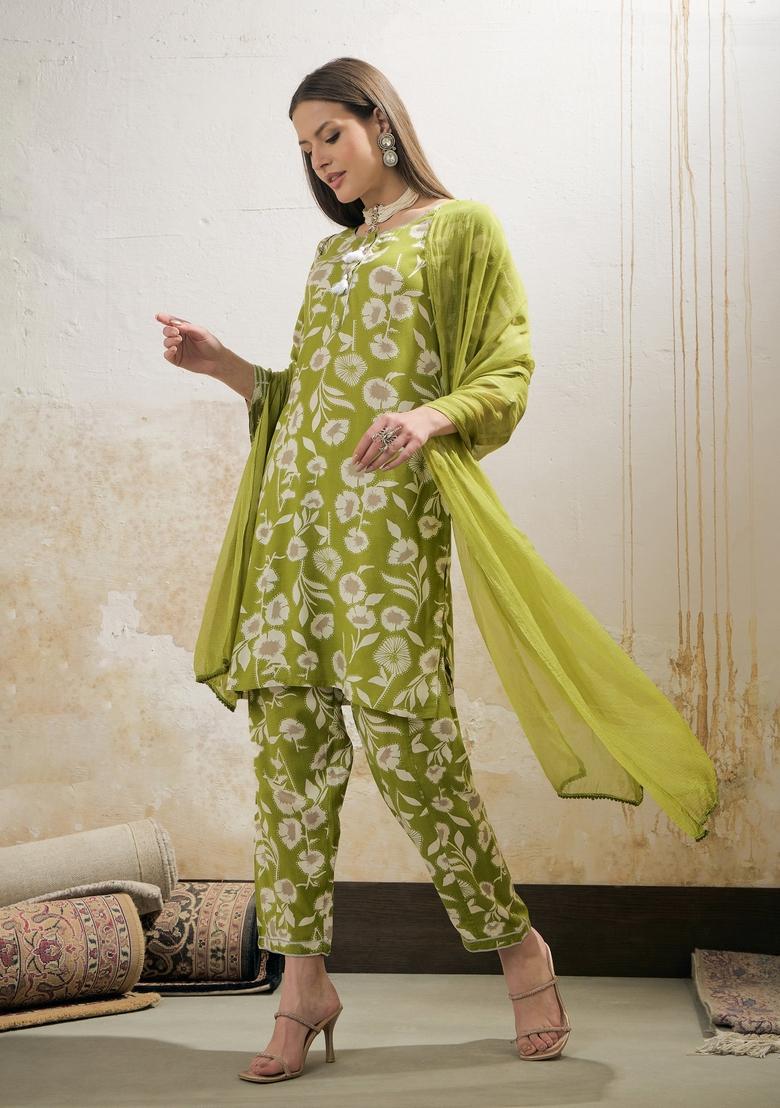 Green Embroidered Rayon Salwar Kameez With Dupatta