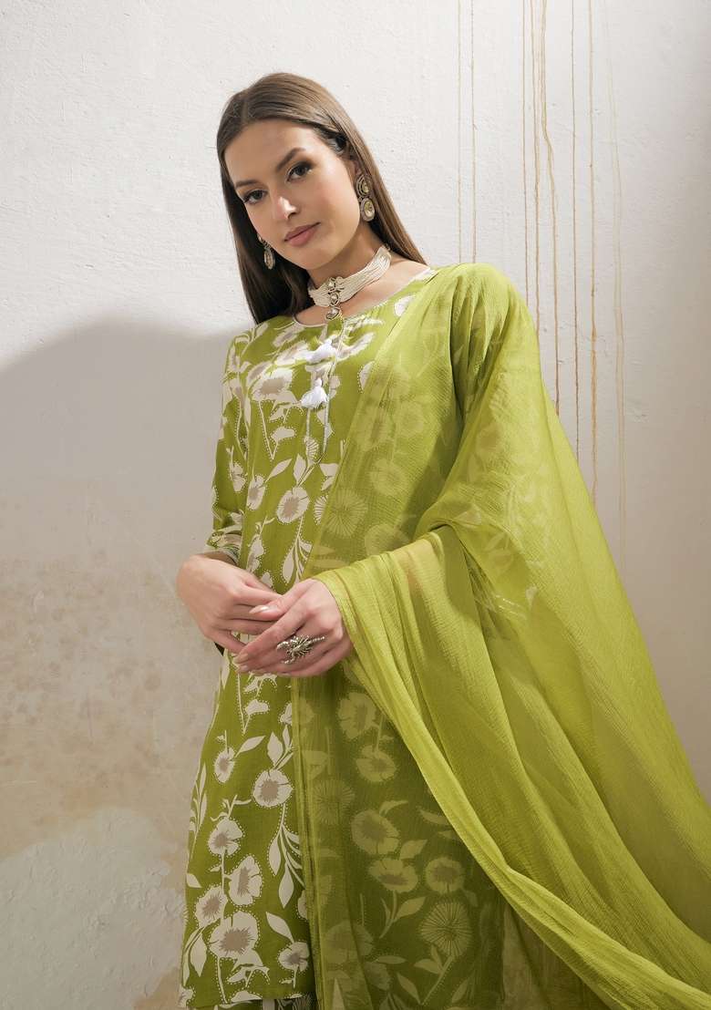 Green Embroidered Rayon Co Ord Set - Indya