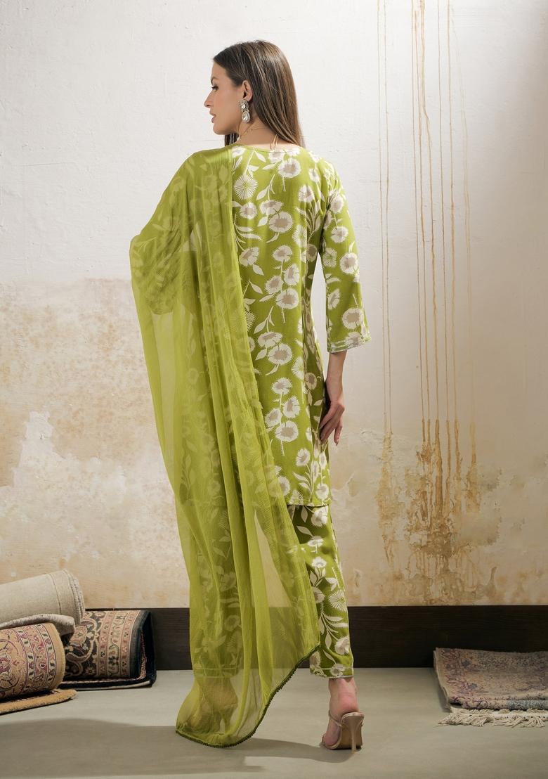 Green Embroidered Rayon Salwar Kameez With Dupatta
