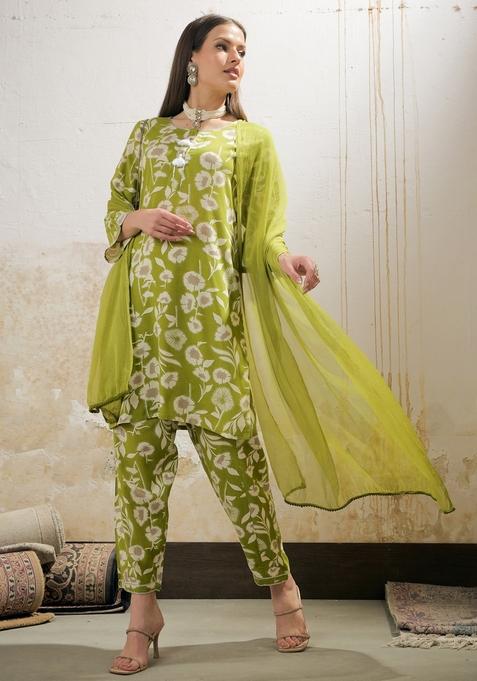 Green Embroidered Rayon Salwar Kameez With Dupatta