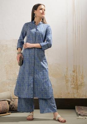 Blue Embroidered Cotton Cambric Co Ord Set