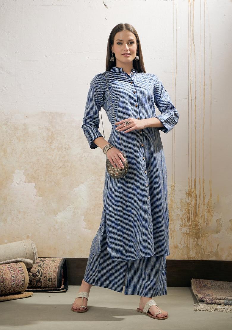 Blue Embroidered Cotton Cambric Co Ord Set