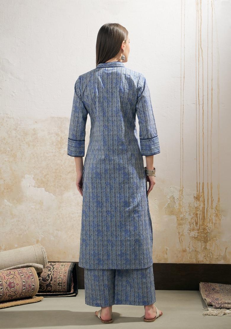 Blue Embroidered Cotton Cambric Co Ord Set