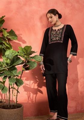 Black Embroidered Rayon Co Ord Set