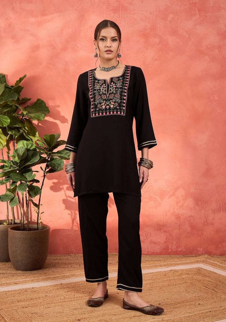 Black Embroidered Rayon Co Ord Set