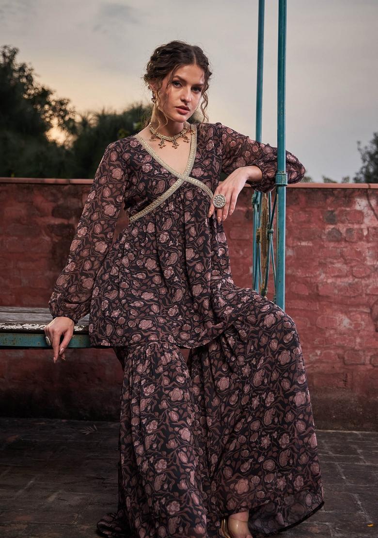 Black Embroidered Georgette Co Ord Set