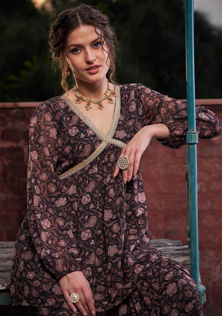 Black Embroidered Georgette Co Ord Set