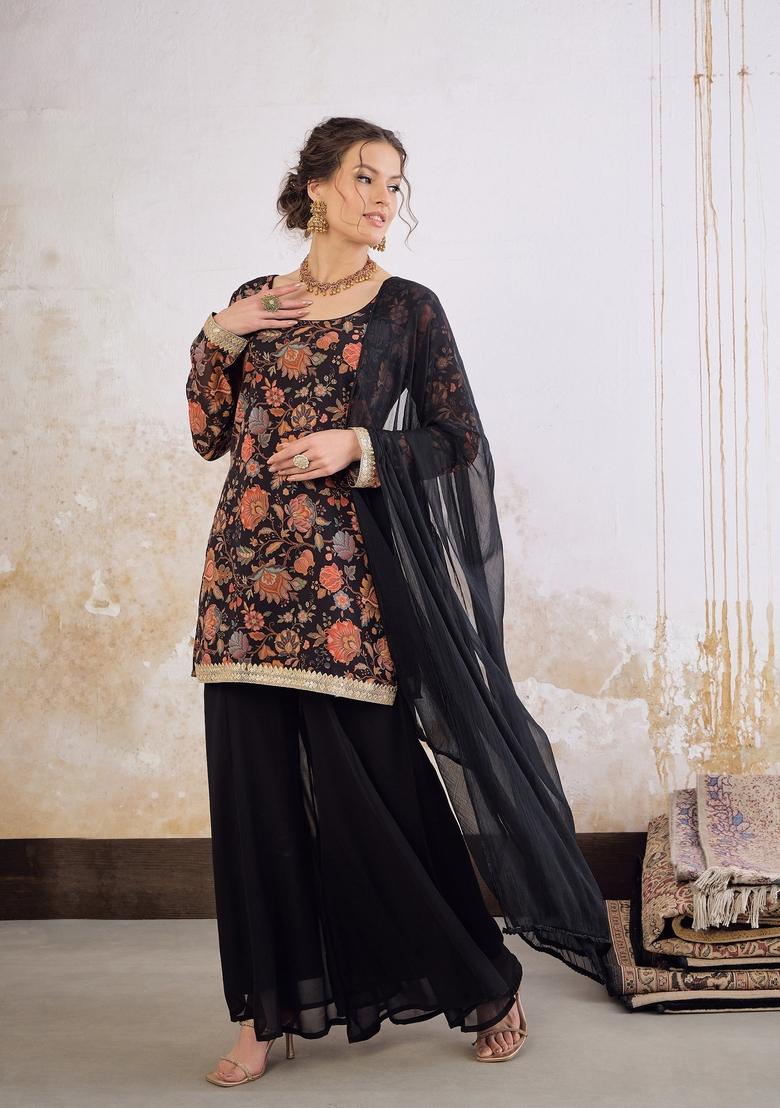 Black Embroidered Georgette Palazzo Set With Dupatta