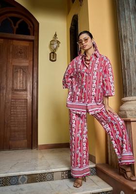 Red Embroidered Cotton Co Ord Set