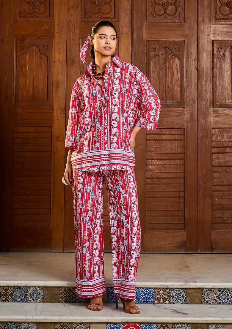 Red Embroidered Cotton Co Ord Set