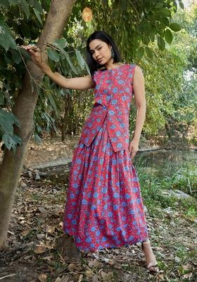 Red Embroidered Cotton Co Ord Set