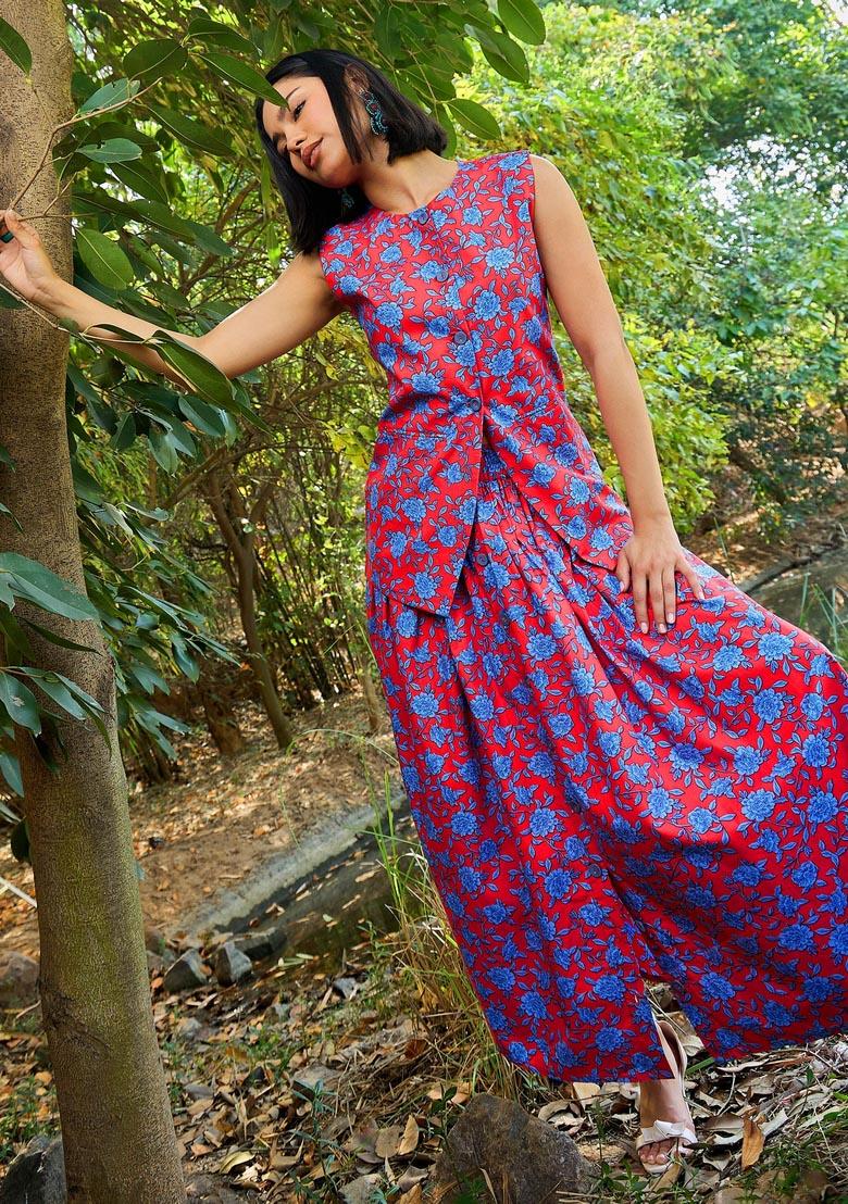 Red Embroidered Cotton Co Ord Set